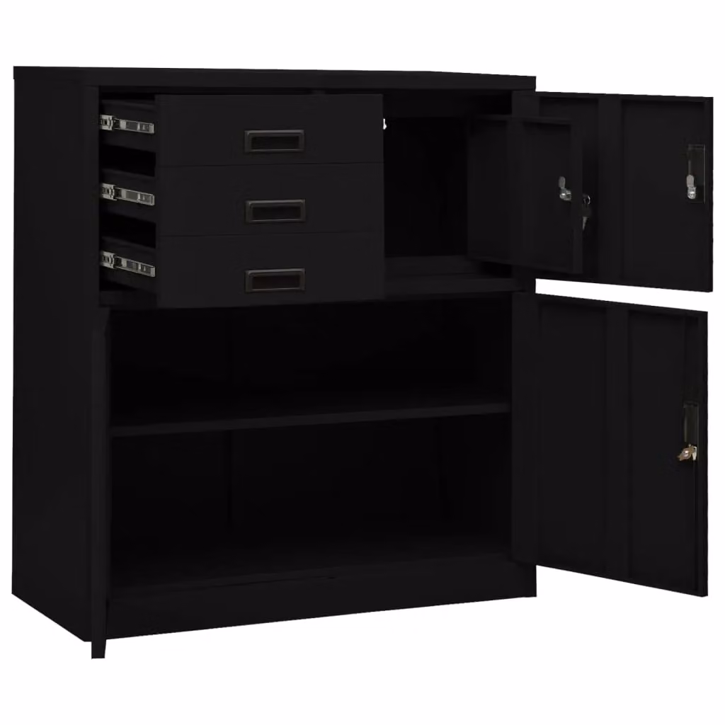 Berkfield Home Office Black Steel Cabinet with Hinged Doors and Internal Drawers, W/D/H: 90 x 40 x 102 cm – 2
