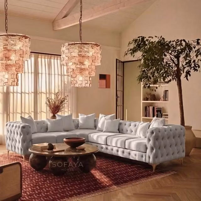 Sofaya Monaco Chesterfield 6 Seater Left Hand Corner Chaise Sofa in Light Grey Velvet