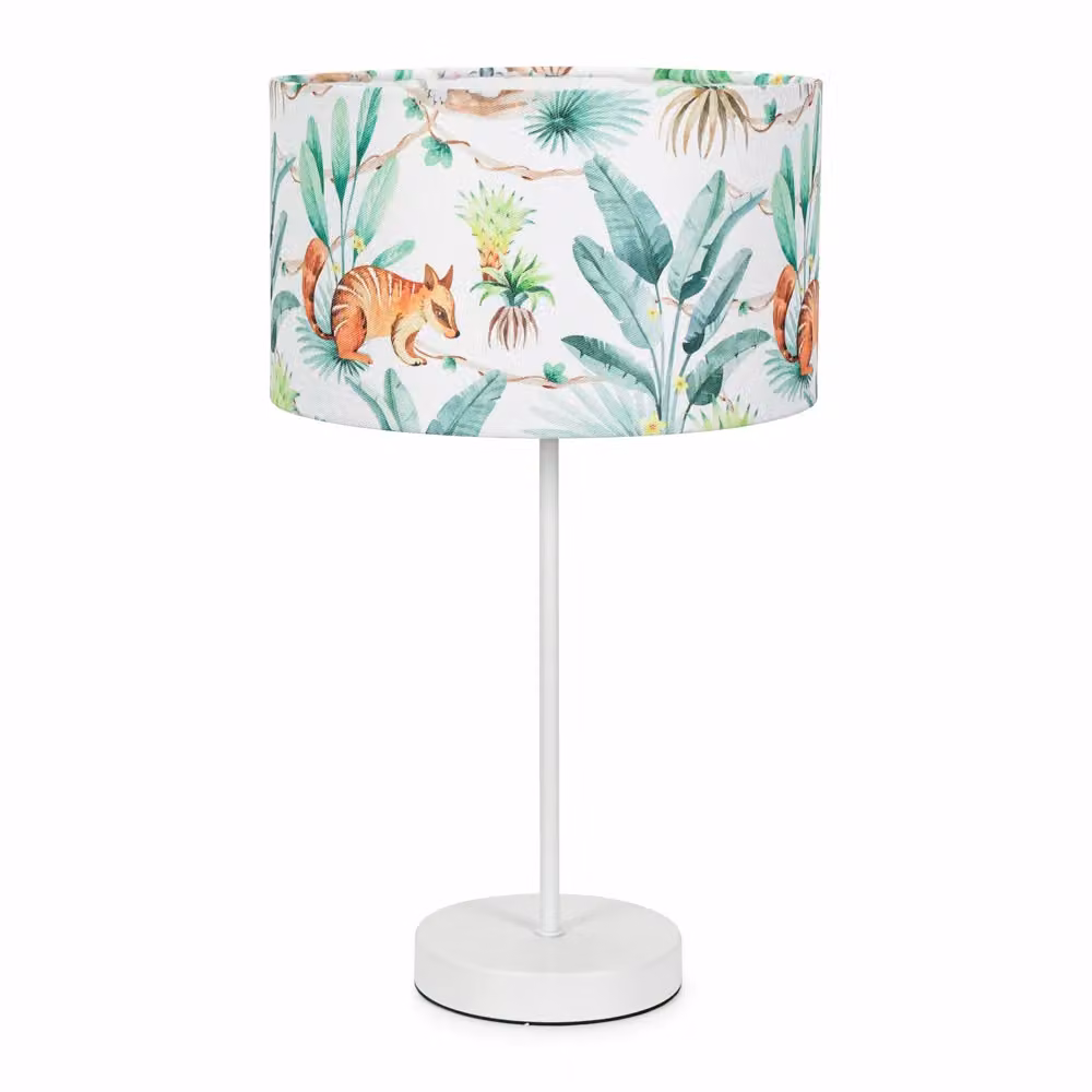 ValueLights Charlie White Metal Single Stem Table Lamp with Multicolour Kids Jungle Fabric Drum Shade – 2