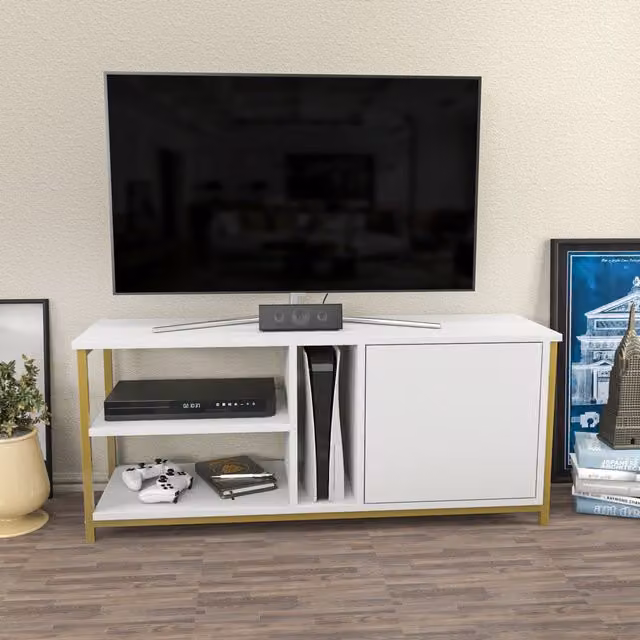 Neola TR Minimalist TV Unit in White and Gold, W: 120 cm, D: 35 cm, H: 51 cm