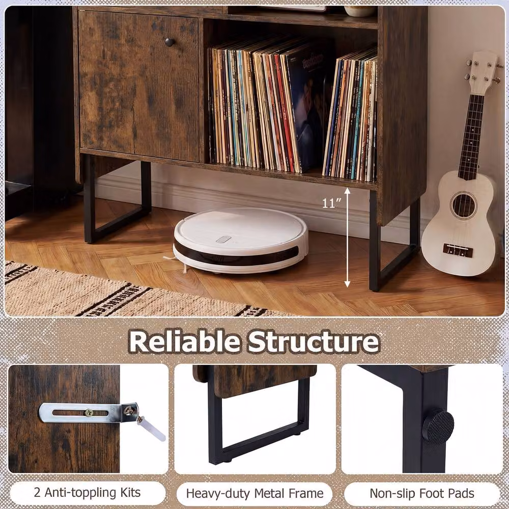 Costway Industrial Record Player Stand with Power Outlets and Media Compartments in Brown – 5