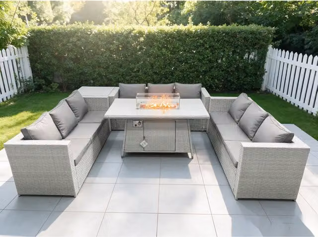 Fimous U-Shape Lounge Sofa and Dining Set with Gas Heater Firepit Table in Light Grey Polyrattan