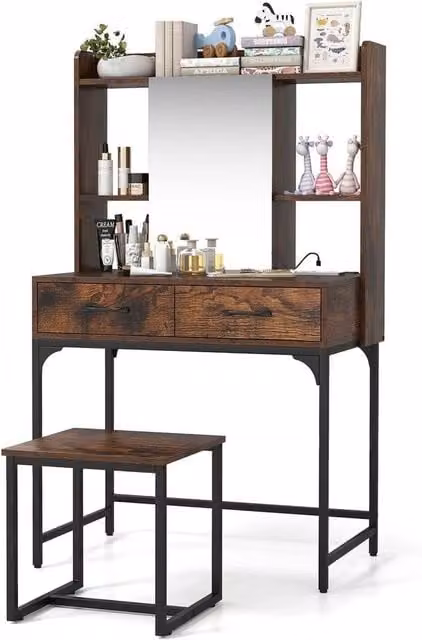 KORVIXA Modern Bedroom Vanity Desk with Mirror and Stool in Brown, W/D/H: 100 x 100 x 100 cm