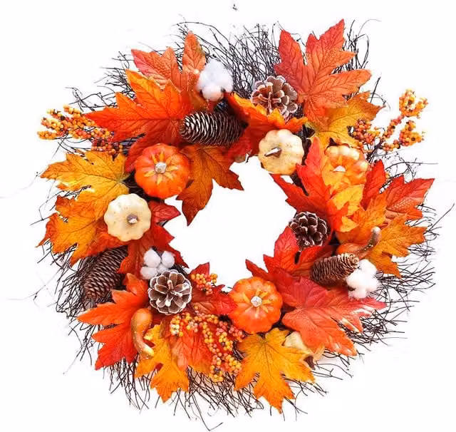 H&O Direct Orange Autumnal Halloween and Thanksgiving Decorative Door Wreath with Maple Leaves and Pumpkins, Diameter: 55 cm