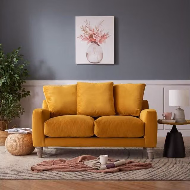 GRS Grove 2 Seater Sofa in Mustard Yellow Velvet with Feather Filled Scatter Cushions