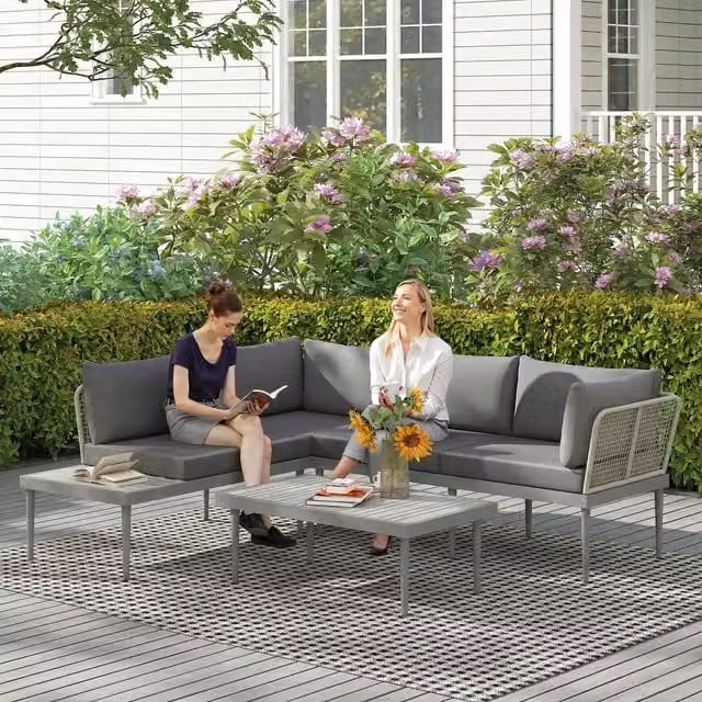 Outsunny 3 Piece L Shaped Rattan Garden Furniture Set with 2 Loveseats, Grey