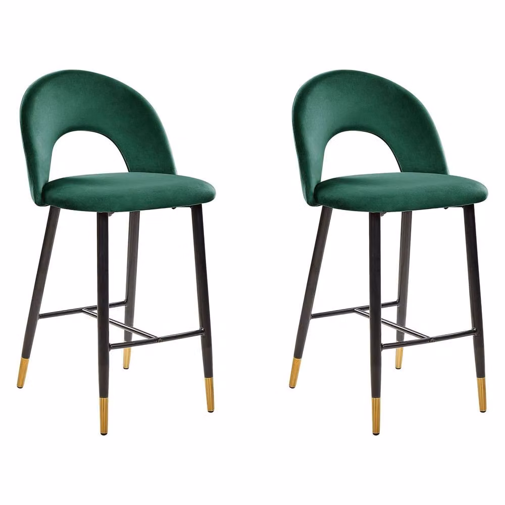 Wyld and Coco Set of 2 Emerald Green Velvet Bar Chairs with Black Steel Legs and Gold Ends – 2