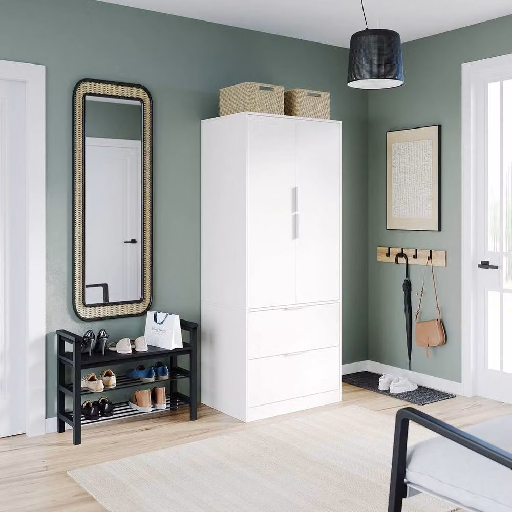 KORVIXA White Minimalist Bedroom Wardrobe with 2 Doors and 2 Drawers, H 180 cm x W 100 cm x D 60 cm – 2