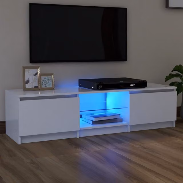 Berkfield Home Modern Glossy White TV Cabinet with LED Lights W: 140 cm, D: 40 cm, H: 35.5 cm