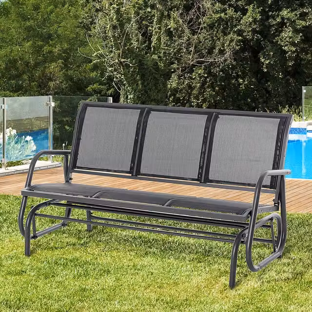 Outsunny 3 Seat Glider Rocking Chair in Black with Armrests and Metal Frame