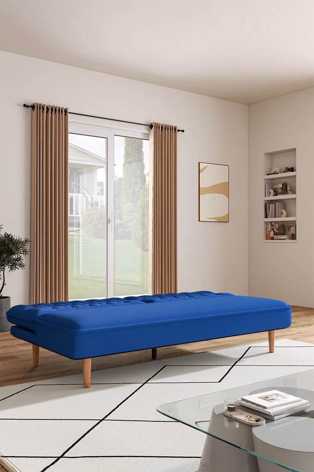 Livingandhome 2-Seater Convertible Upholstered Fabric Sofa Bed in Blue – 2