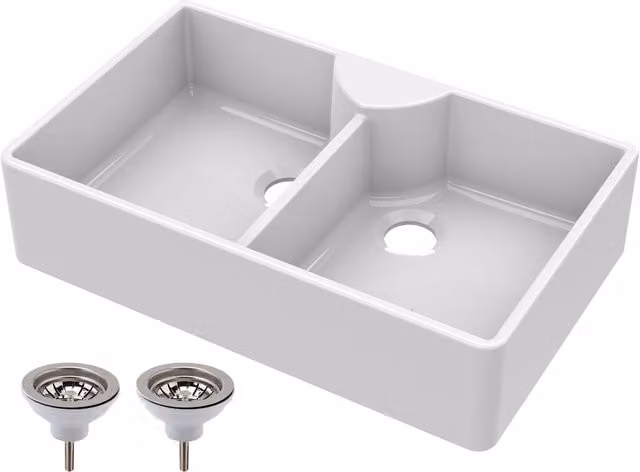 Balterley White Ceramic 2 Bowl Fireclay Butler Sink with Stepped Weir Wastes W/D/H: 89.5 x 55 x 22 cm – 1