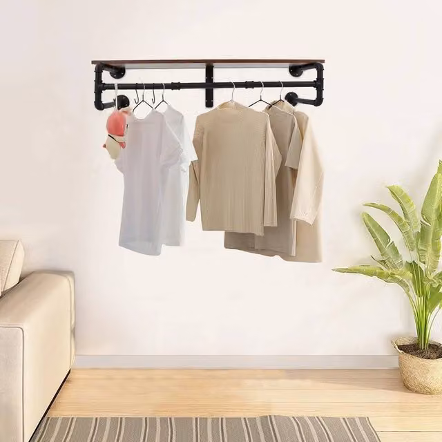 VOGREX Industrial Wood and Black Iron Wall Coat Rack for Hallway, Bedroom or Kitchen, W: 104 cm, D: 25 cm – 1