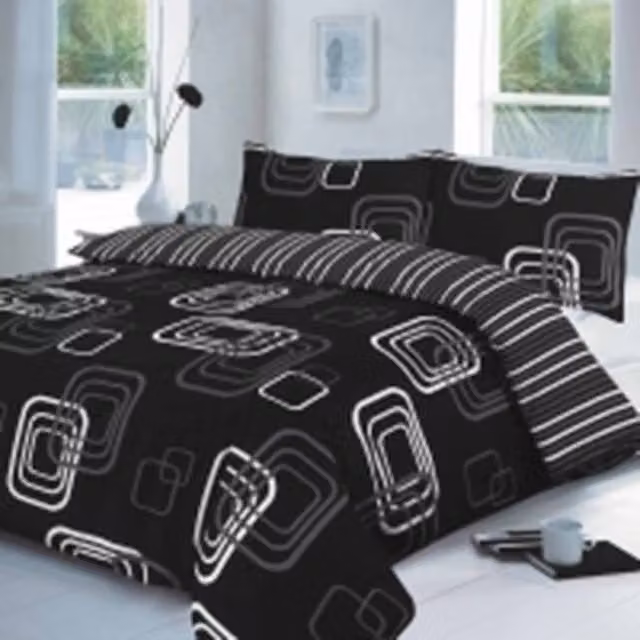 Homes-Linen Blake Geometric Reversible Duvet Cover Bedding Set in Black, Size: 140 x 200 cm – 1