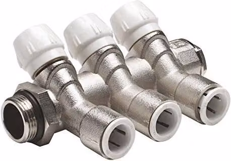 John Guest Brass 2 Port Manifold 15mm x 3/4 inch in Gold