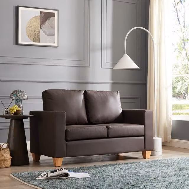 Enzo 2 Seater Sofa in Brown Synthetic Leather with Solid Wood Frame