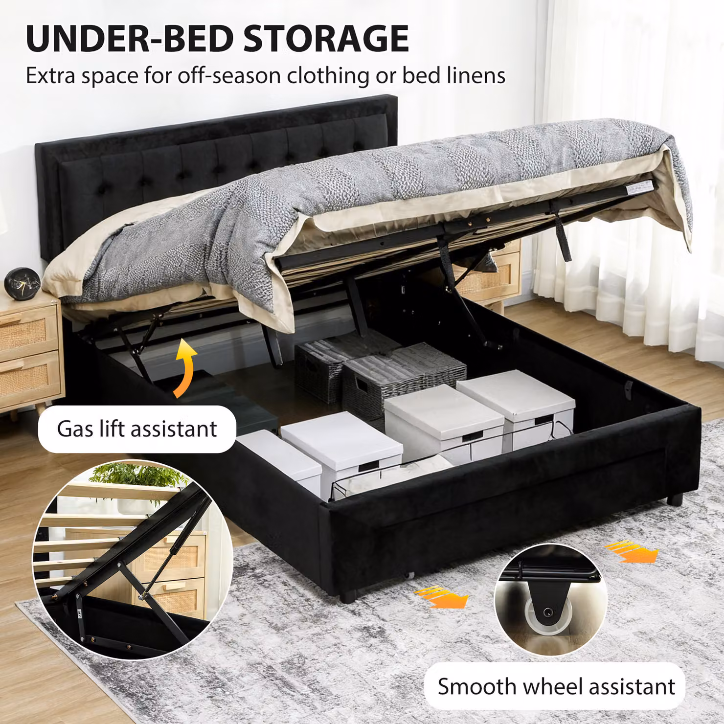 HOMCOM King Size Velvet Ottoman Bed Frame with Lift Up Base and Front Drawer, Black, W/D/H: 180 x 200 x 157.5 cm – 4