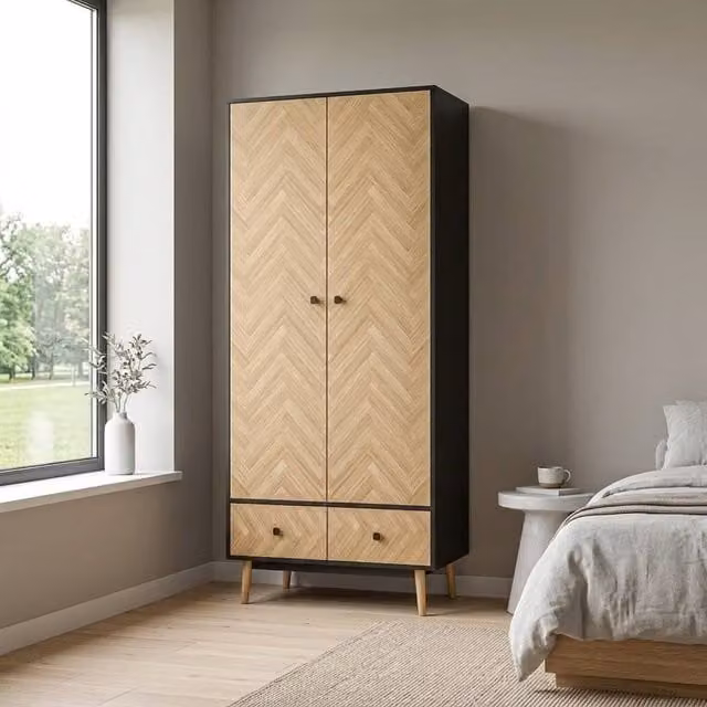 STILVORA Modern Pine Wardrobe with 2 Drawers, Internal Shelves and Hanging Rod in Natural Brown – 1