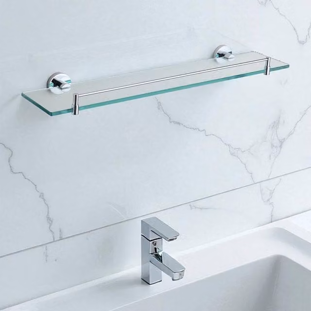 Showerdrape Modernity Wall Mounted Frosted Glass Vanity Shelf in Silver with Chrome Stainless Steel, W: 50 cm, D: 50 cm, H: 5 cm