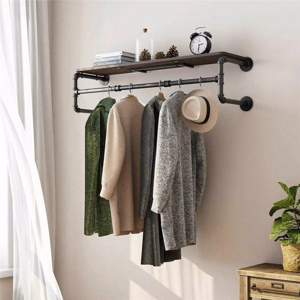VOGREX Industrial Metal Clothes Rail with Top Shelf in Matt Black – 5
