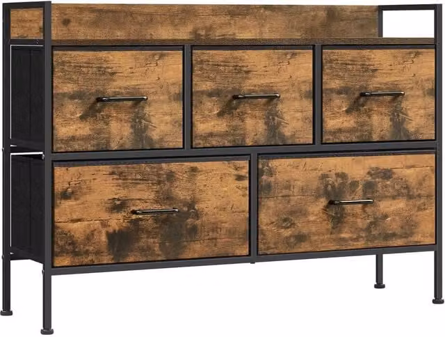 KORVIXA Industrial Chest of Drawers with 5 Fabric Drawers and Metal Frame in Brown, W: 100 cm x H: 70 cm x D: 40 cm