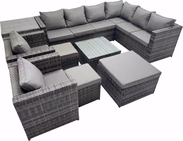 Fimous 11-Seater L-Shaped PE Rattan Garden Sofa Set with Ottoman and Square Glass Coffee Table in Dark Grey