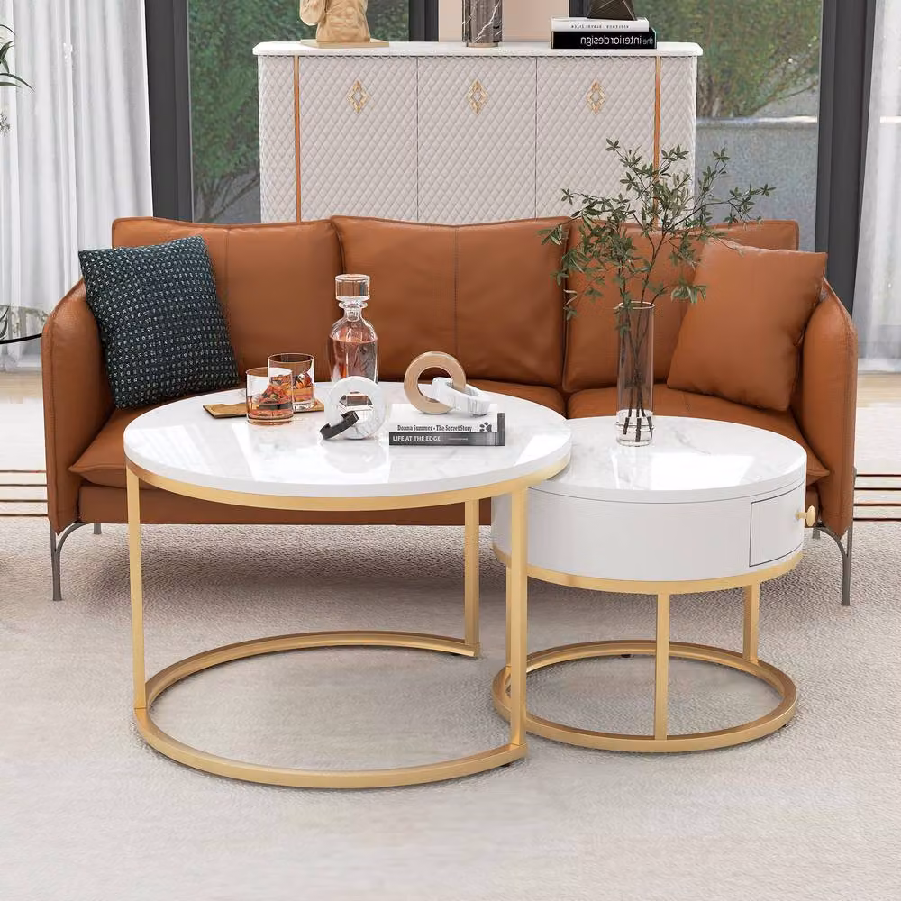 Matteo Round Nesting Coffee Table Set with White and Gold Finish – 5