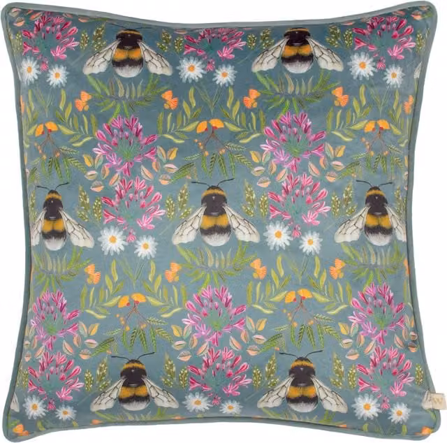 House of Bloom Zinnia Bee Repeat Piped Velvet Cushion in Blue