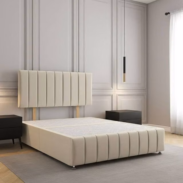 Regional Furnishings Single Divan Bed with 24 inch Headboard and Footboard in Cream Velvet Fabric, W/D/H: 90 x 200 cm