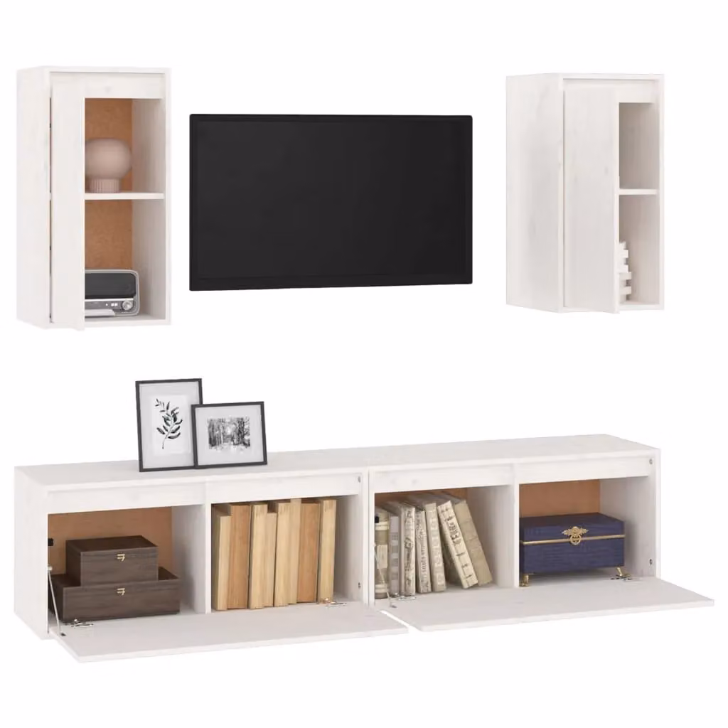 Berkfield Home Set of 4 White Solid Pine Wall Mounted Living Room Cabinets with Hinged Doors and Internal Shelves – 2