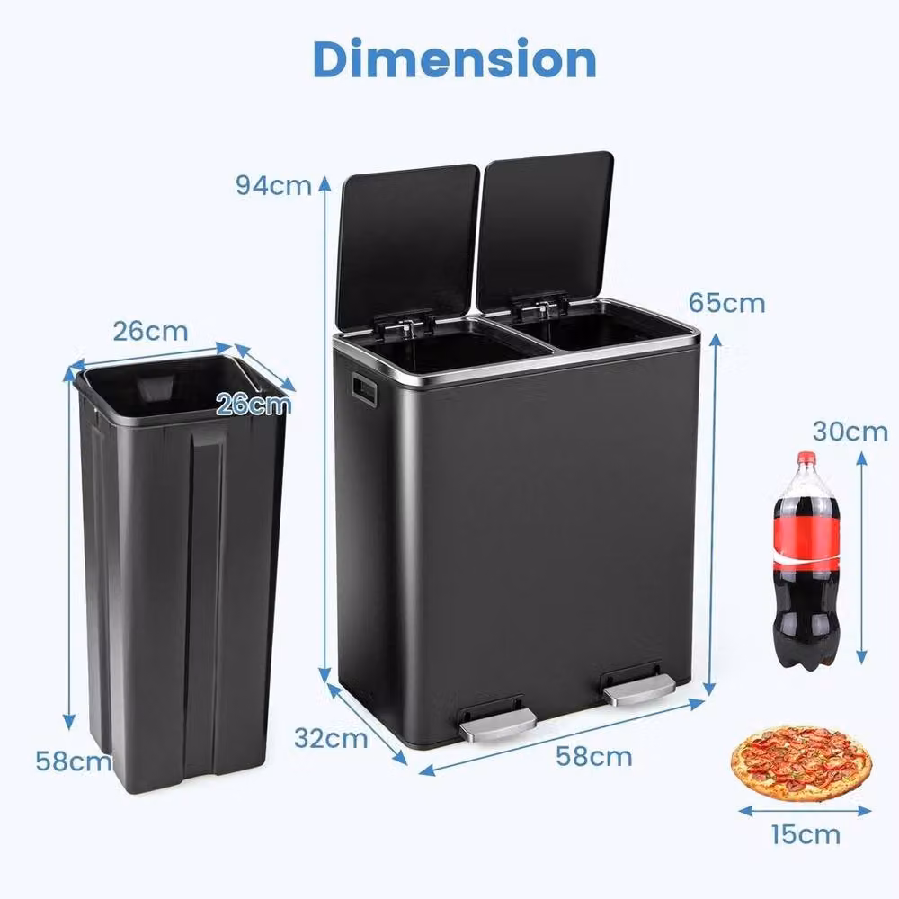 Kelvenix Double Kitchen Recycling Pedal Bin with Soft Close and Removable Inner Buckets, Black, 2 x 30L – 2