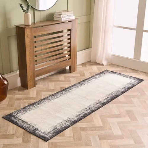 OHS Abstract Modern Washable Non-Slip Runner Rug in Beige, W: 66 cm x L: 200 cm