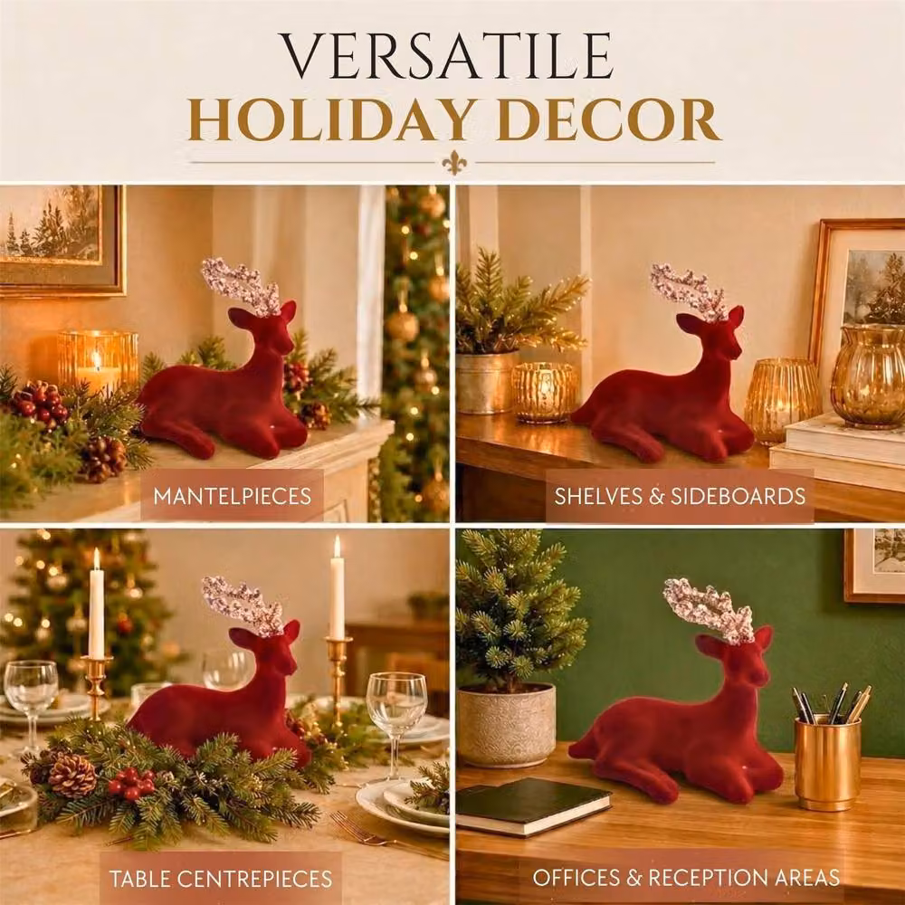 Shatchi Velvet Sitting Deer Christmas Reindeer Ornament in Red, Height: 19 cm – 5