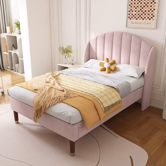 Merax Single Wingback Velvet Upholstered Bed in Pink, W/D/H: 90 x 190 cm