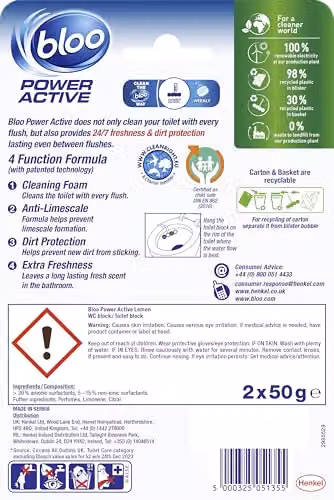 Bloo Power Active Lemon Toilet Rim Blocks with Anti-Limescale and Cleaning Foam, Pack of 2 – 2