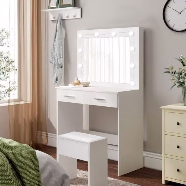 Comfy Living Ltd Modern White Dressing Table and Stool Set with LED Hollywood Mirror – 1