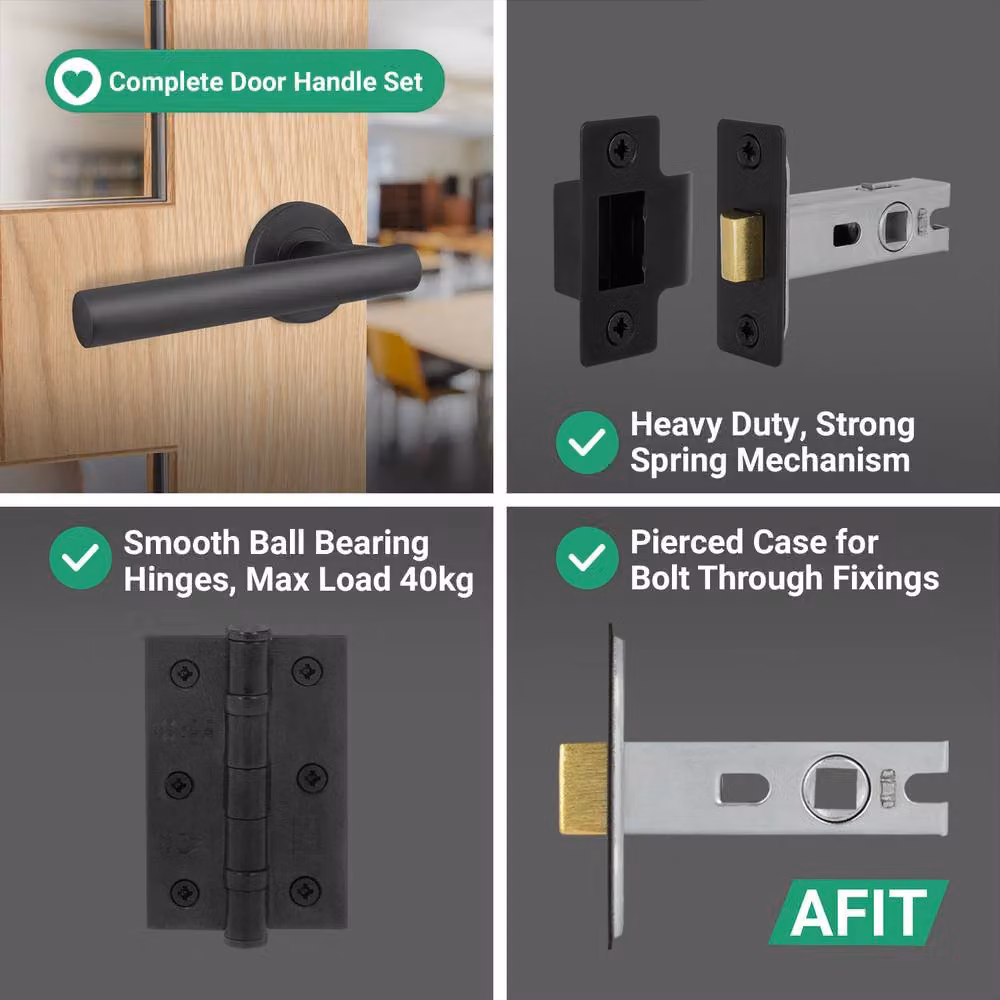 AFIT Matt Black T-Bar Lever Rose Door Handle Latch and Hinge Kit, W/D/H: 15 x 15 x 7.6 cm – 4