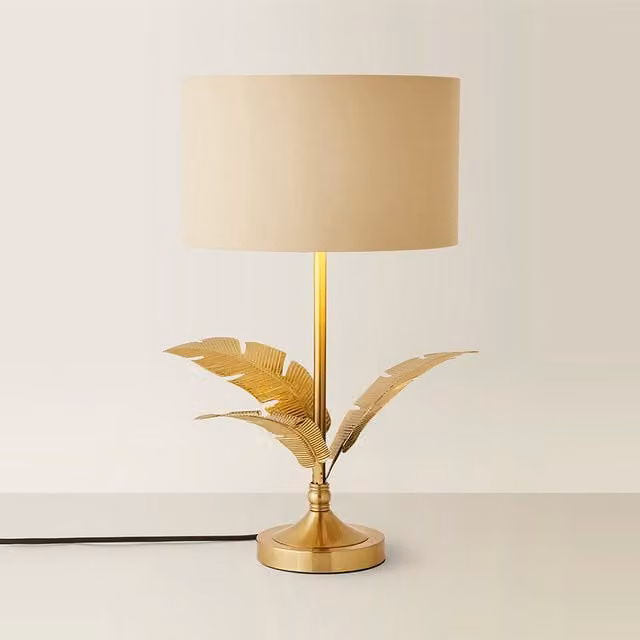 ValueLights Christina Palm Leaf Table Lamp with Beige Fabric and Gold Metallic Shade