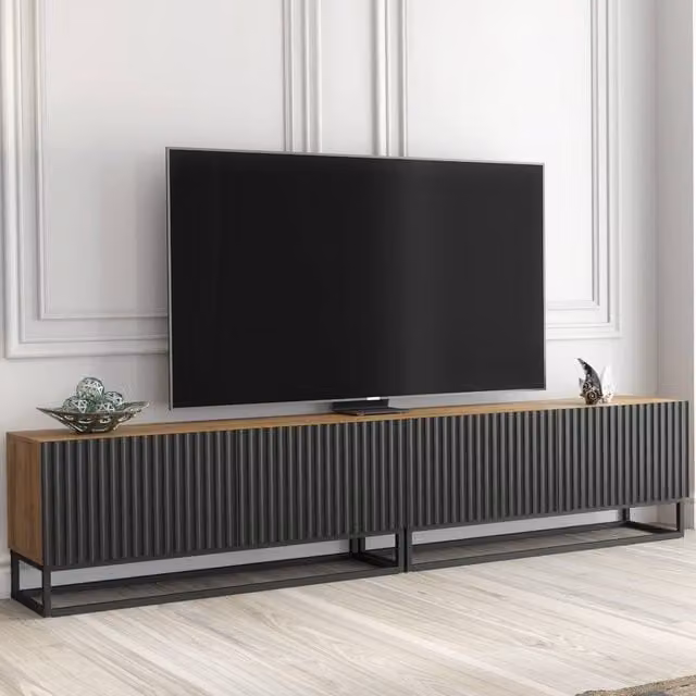 Mex Furniture LTD Ripple Duo TV Unit in Oak and Black with Fluted Doors, W: 200 cm, D: 35 cm, H: 45 cm