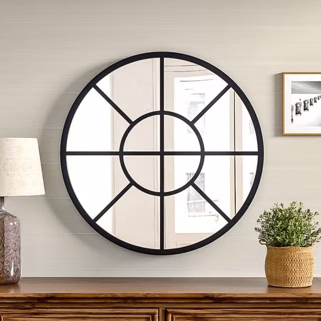 Livingandhome Window Style Glass Wall Mirror with Crossed Double Circle Metal Frame in Black, Diameter: 60 cm