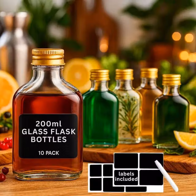 Volila 10 Pack Clear Glass Flask Bottles with Gold Screw Caps, Labels and Pen, 206ml each