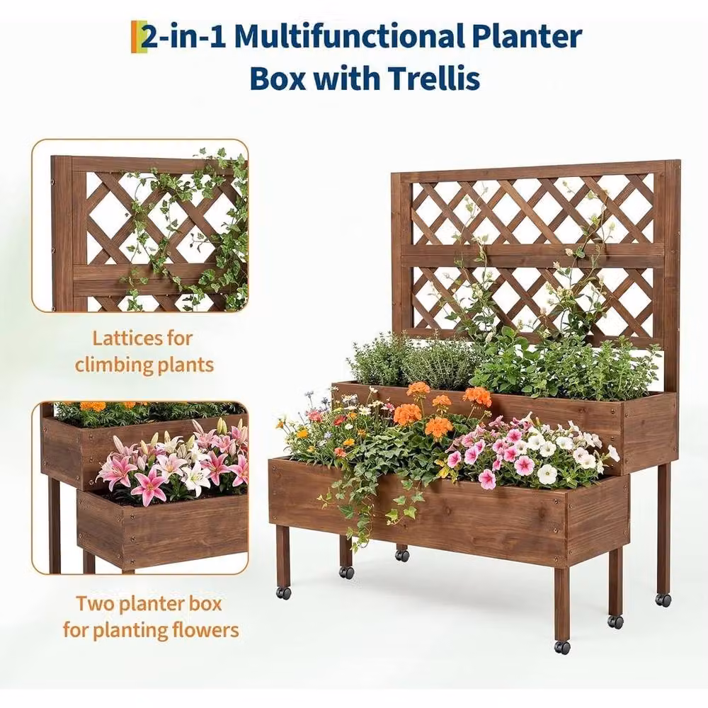 Havendro 2-Tier Wooden Raised Garden Bed with Trellis and Wheels in Brown – 3