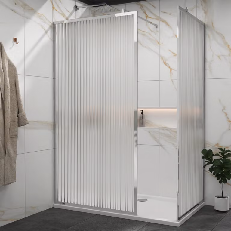 Royal Bathrooms Luxor Walk In Fluted Shower Enclosure with Tray and Chrome Frame, W/D: 1400 x 700 mm, 8mm Easy Clean Glass