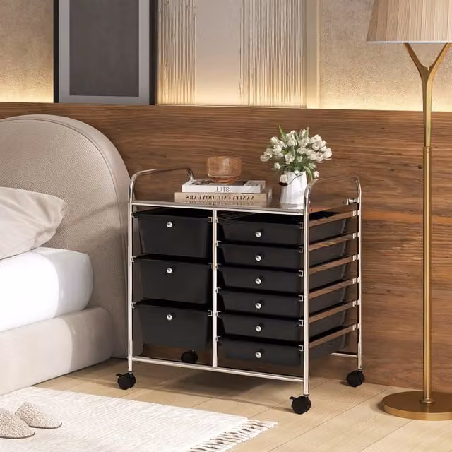 COSTWAY Rolling Storage Cart with 9 Drawers in Black Metal