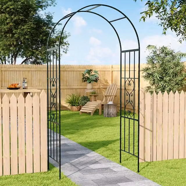 Komore Black Enamelled Steel Dome Garden Arch with Heart Pattern Climbing Frame Support