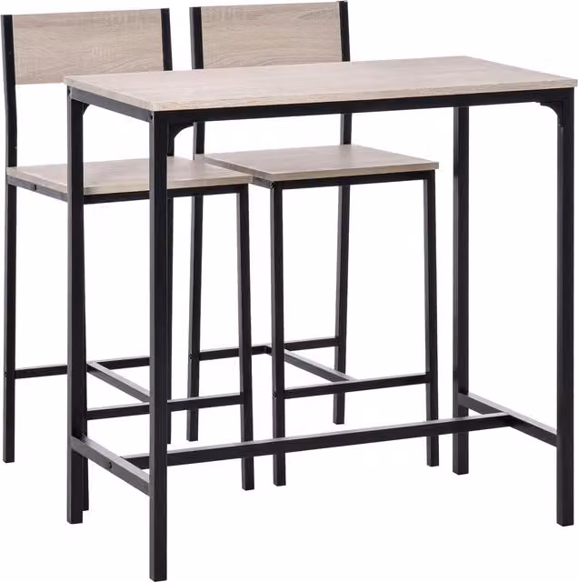 HOMCOM Set of 3 Industrial Style Table Stools with Black Metal Frame and Oak Tone MDF Panels – 1