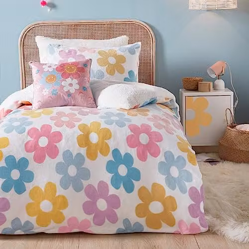 Bedlam Retro Floral Reversible Sherpa Fleece Duvet Cover and Pillowcase Set, Multicolour, W/D/H: 200 x 200 cm