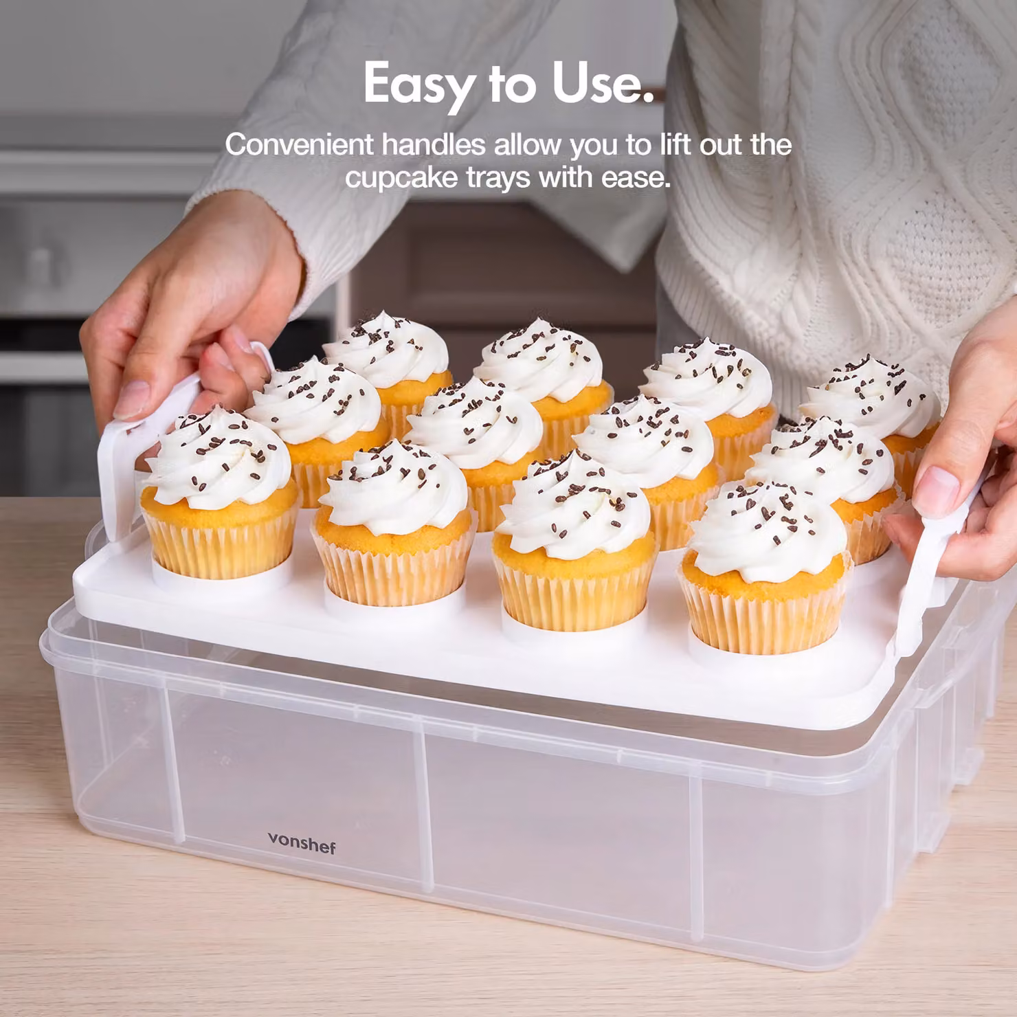 VonShef Two Tier Stackable Cupcake Carrier with Handle in Transparent Plastic – 3