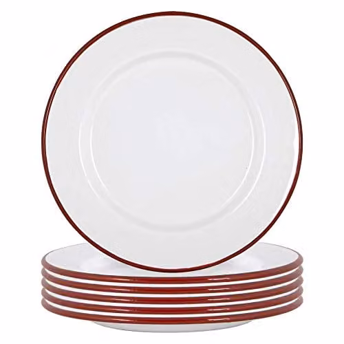 Argon Tableware Red and White Enamel Dinner Plates, Pack of 6, Diameter: 25.5 cm