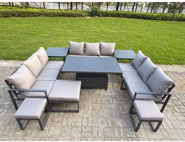 Fimous Modern Powder Coated Aluminium Patio Conversation Set in Dark Grey with 3-Seater Sofa, Ottoman, Coffee Table and Side Tables